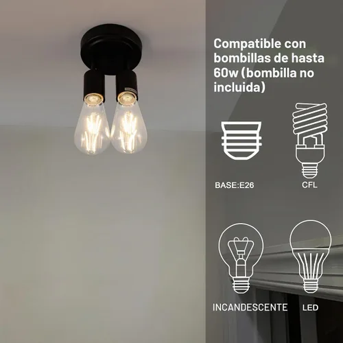 Vista 2 de Lámpara de techo semiempotrada de 2 luces, color negro mate con base E26, lámpara moderna para casa de campo, cocina, comedor, dormitorio, estudio