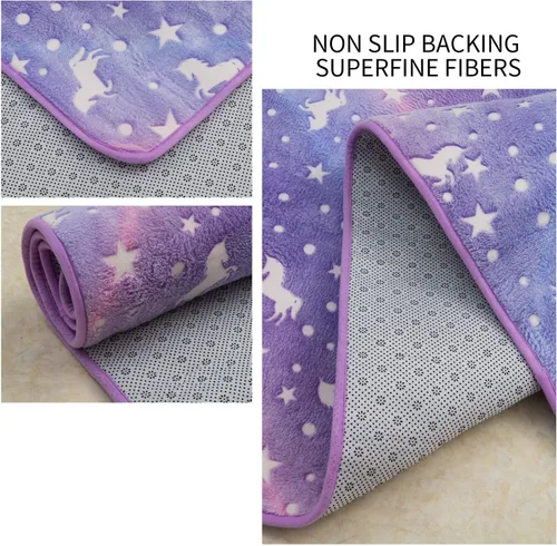Vista 3 de QH Alfombra de área con patrón de unicornio morado sin costuras que brilla en la oscuridad, para sala de estar, dormitorio, habitación de niños
