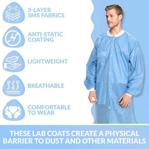 Vista 4 de Paquete de 10 abrigos de laboratorio desechables Abrigo de laboratorio duradero de 1.76 oz SMS hasta la rodilla, reutilizable, con puños