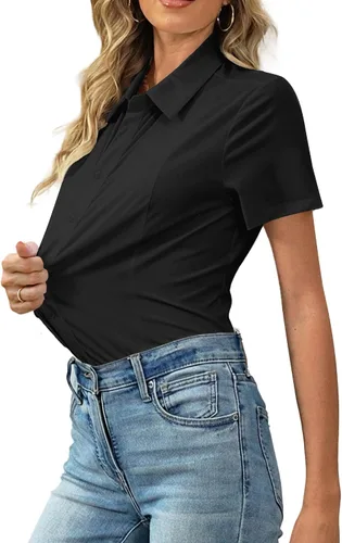 Vista 2 de HOTOUCH Camisas con botones para mujer, manga corta, elástica, sin arrugas, blusas formales de trabajo, blusas de verano, tallas S-2XL