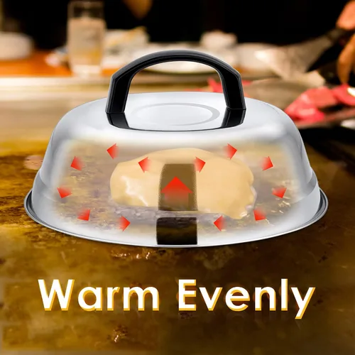 Vista 4 de Leonyo Tapa de cúpula de fusión de queso de 9 pulgadas, accesorios de plancha de acero inoxidable, cubierta duradera para cocinar al vapor