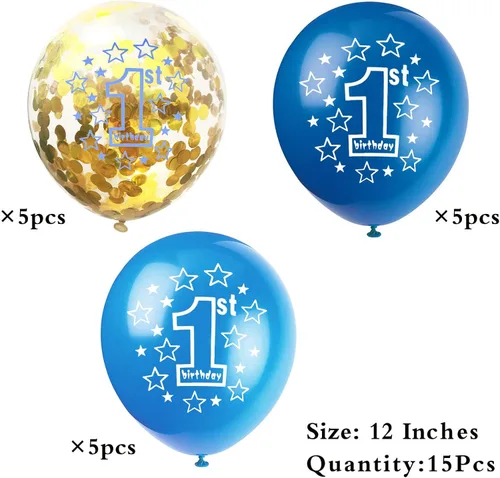 Vista 5 de SHUNTAI - Globos de 1er cumpleaños, color azul, 15 piezas de 12 pulgadas Decoraciones de fiesta de primer cumpleaños, confeti dorado, látex, temas