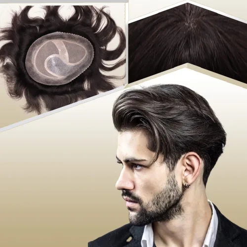 Vista 17 de Toupee para hombres sistemas de reemplazo de cabello humano real europeo para hombres, postizos finos, centro de encaje, piel más gruesa, pieza