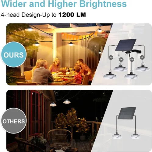 Vista 2 de Luces colgantes solares para exteriores IP65 impermeables, 4 cabezales de luces solares con interruptor remoto de encendido/apagado, regulables