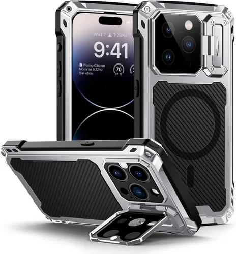 Vista 14 de Lanhiem Funda magnética de metal para iPhone 14, soporte de cámara integrado y protector de pantalla de cristal, resistente a prueba de golpes