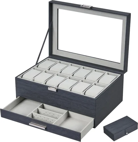 Vista 8 de Hzuaneri Caja de reloj, regalos de Navidad, caja de reloj de 12 ranuras con tapa de vidrio, caja de joyería extraíble, organizador de caja