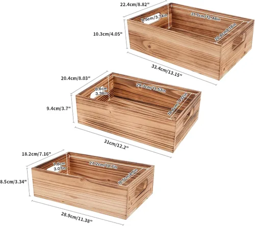 Vista 3 de PHOENANCEE Cajas de madera para exhibición, cajas decorativas rústicas de almacenamiento, juego de 3, caja anidable de madera con asas, cesta