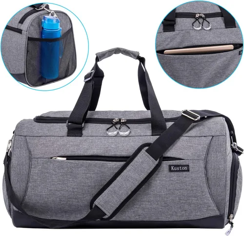 Vista 4 de Kuston Bolsa de gimnasio deportiva con compartimento para zapatos y bolsillo húmedo, bolsa de lona para gimnasio para hombres y mujeres, Gris