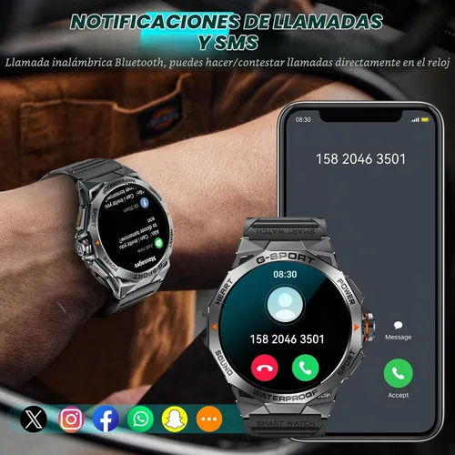 Vista 2 de Reloj inteligente militar para hombre, para responder/hacer llamadas de 1.43 pulgadas, AMOLED siempre encendido, reloj inteligente resistente