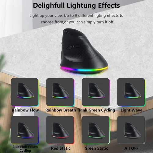 Vista 3 de Ratón vertical inalámbrico ergonómico Bluetooth, conexión de 3 dispositivos (BT1/BT2 + USB de 2.4 G), RGB 3200 DPI tipo C recargable portátil