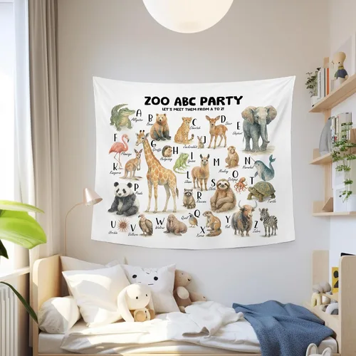 Vista 2 de MNASAIOO Tapiz de pared para colgar en la pared del alfabeto de animales del zoológico para el aula, para dormitorio, cuarto de bebé, tapices