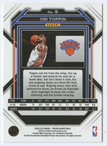 Vista 2 de 2022-23 Panini Prizm #9 Obi Toppin New York Knicks NBA Basketball Trading Card