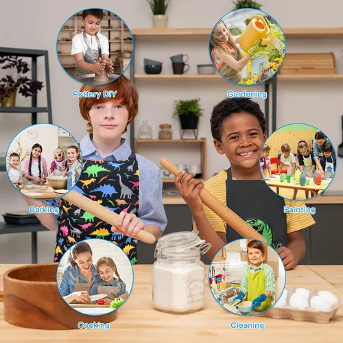 Vista 3 de Delantal de Dinosaurio para Niños Varones con Bolsillo, Delantales de Unicornio para Niñas para Cocinar, Pintar, Delantal de Cocina para Niños de 3