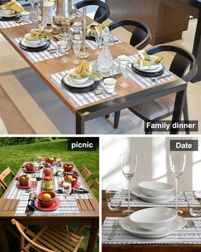 Vista 5 de Juego de 4 manteles individuales bohemios para mesa de comedor, tela de lino de algodón con bolsillo, arpillera cuadrada, rectangular, redonda