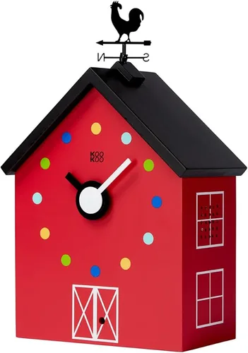 Vista 2 de KOOKOO Reloj grande de granja con 12 sonidos de animales, un gallo y una veleta giratoria, con sensor de luz, hecho de madera MDF, para niños de 6