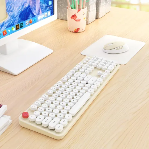 Vista 8 de HotFox Combo de Teclado y Ratón Inalámbrico, Teclado Retro de Máquina de Escribir de Tamaño Completo con Keycaps Redondos, Diseño Ergonómico para PC