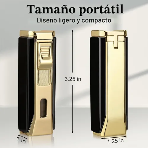 Vista 2 de Encendedor de llama triple jet con punzón y soporte, linterna multifuncional resistente al viento, encendedor de butano recargable, caja de regalo