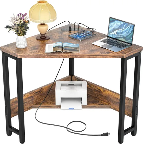 Vista 11 de Armocity Escritorio esquinero pequeño con tomas de corriente, mesa de esquina para espacio pequeño, escritorio de computadora con puertos USB
