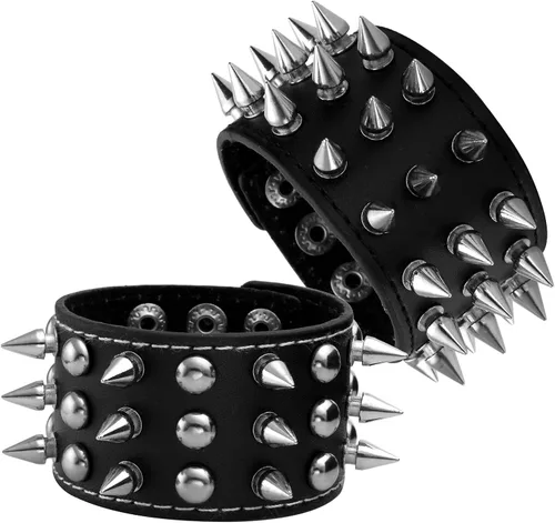 Vista 8 de MILAKOO 2 pulseras negras para cinturón, cuerda de cuero, pulsera punk rock negra de 6 a 8 pulgadas