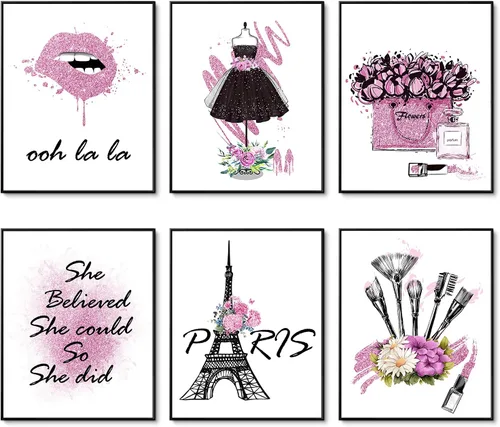 Vista 16 de HoozGee Juego de 6 pósteres enmarcados de maquillaje de moda, decoración de pared con marco de París, impresiones artísticas de pared