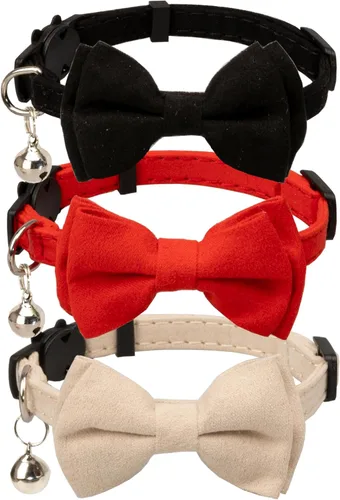 Vista 13 de Collar de gato con pajarita de campana Breakaway Kitten Small Pet Safety Solid Wedding Basic Pure Color Suede Soft Adjustable Sailor Bow - [1
