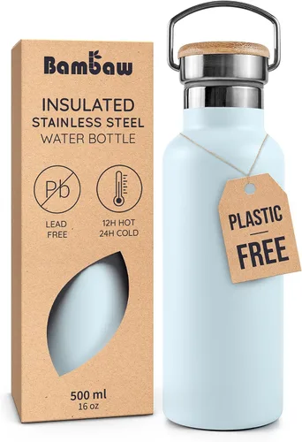 Vista 47 de Bambaw Botella de agua de acero inoxidable de 12 onzas, azul Egeo, 350 ml, de doble pared aislada, a prueba de fugas, apta para lavavajillas, sin