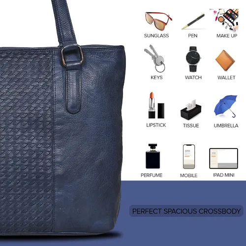 Vista 3 de Bolso de hombro de cuero genuino para mujer, con asa superior, para viaje, bolso vintage de diseñador para mujer, Azul desteñido, Vintage