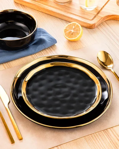 Vista 6 de LOVECASA Juego de 12 piezas de platos y cuencos, vajilla de porcelana negra y dorada, platos de cena redondos, juego de vajilla para 4 personas