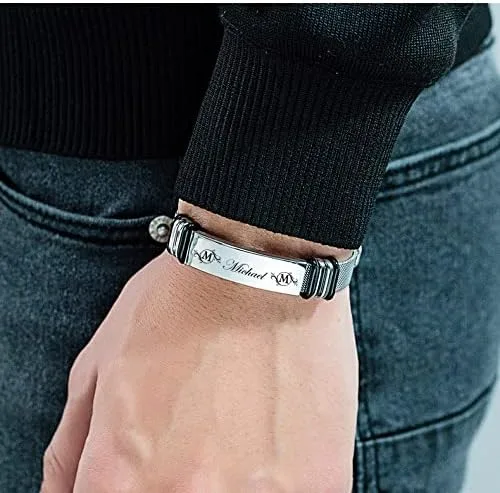 Vista 4 de LoraPetid Pulseras personalizadas para hombres, pulseras de acero inoxidable grabadas con fotos y texto, pulseras de joyería personalizadas