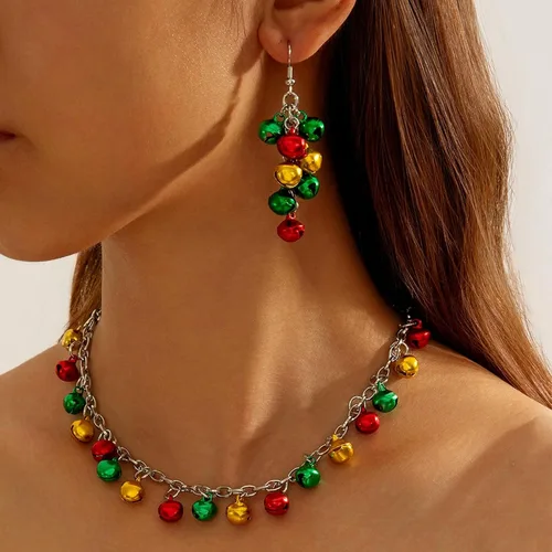 Vista 2 de Collar de Navidad, joyería de Navidad para mujer, aretes de lazo de Navidad, collar, pulsera, conjunto de joyas de cascabel, juego de joyas