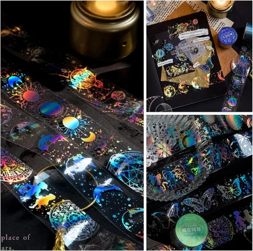 Vista 8 de 4 rollos de cinta holográfica vintage holográfica de mariposa astronomía PET adhesivos de resina impermeables transparentes brillantes