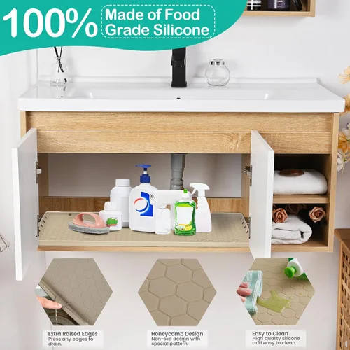 Vista 3 de Tapete impermeable para debajo del fregadero de 22 x 19 pulgadas, forro de silicona para gabinete, protector de goma para cocina y baño, mantiene