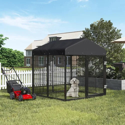 Vista 6 de Caseta de perro para exterior con valla para perros pequeños y medianos, recubrimiento antióxido, jaula con techo, resistente a todas