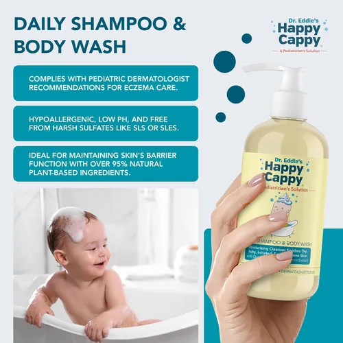 Vista 5 de Happy Cappy Paquete de soluciones para el cuidado de la piel de tres pasos: champú para caspa de bebé, gel de baño y loción para niños y niños