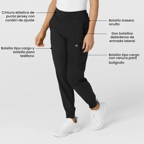 Vista 2 de Pantalón de hospital para mujer con cintura cómoda y estilo jogger, rojo, talla S Negro