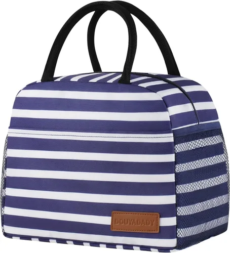 Vista 38 de douyadady Bolsa de almuerzo para mujeres/hombres, fiambrera mujeres/hombres (azul bebé+rayas blancas) Espacioso, ligero, impermeable, resistente