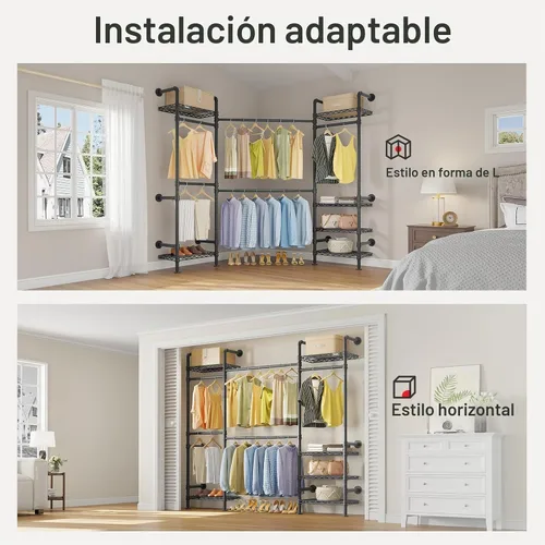 Vista 2 de Timate F3 - Perchero de pared mediano ampliable, perchero industrial para colgar ropa, perchero resistente con estantes, sistema de armario de pared