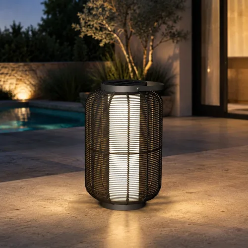 Vista 10 de Solar Yard Lámpara de pie para exteriores, luces de patio, farol con energía solar, resistente a la intemperie, luces de mimbre para terraza Lámpara