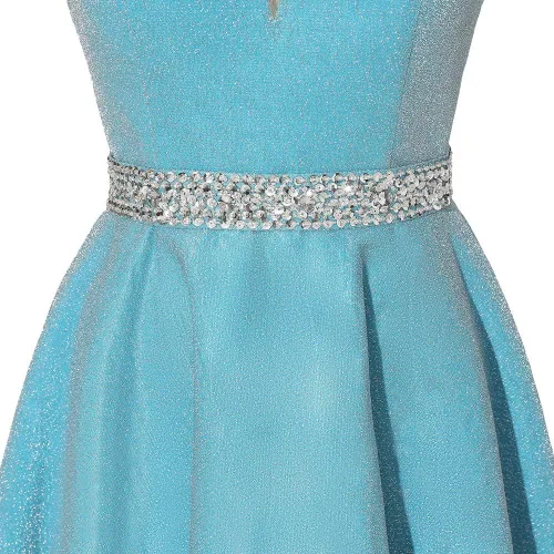 Vista 5 de Yexinbridal Vestido de fiesta con tirantes delgados con purpurina y cuentas largas de satén con cuello en V