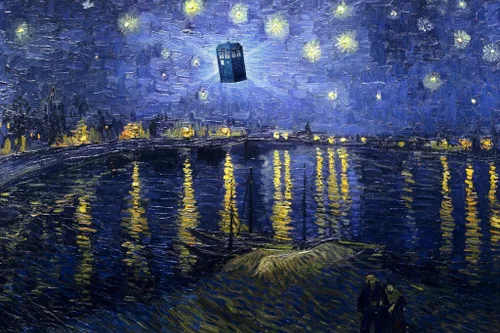 Vista 2 de Póster laminado divertido de noche estrellada de Van Gogh, caja de policía voladora sobre el Ródano, póster de humor de borrado en seco, arte