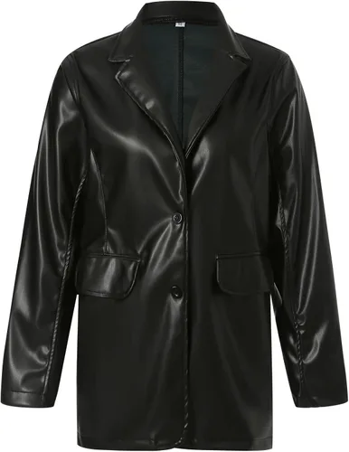 Vista 6 de Chaqueta de cuero para mujer, chaqueta de gran tamaño, con solapa frontal, de piel sintética, chaqueta de otoño e invierno