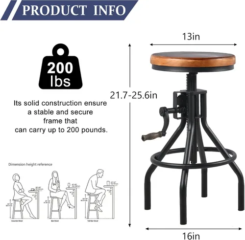 Vista 3 de Taburete industrial de madera para mostrador de granja, altura ajustable con asa, taburete de bar de cocina, color negro, juego de 2