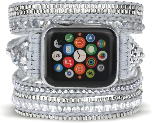 Vista 7 de Pulsera bohemia de 5 envolturas compatible con Apple Watch Band con cuentas para mujeres y hombres, 1.496 pulgadas/1.575 pulgadas/1.614 pulgadas