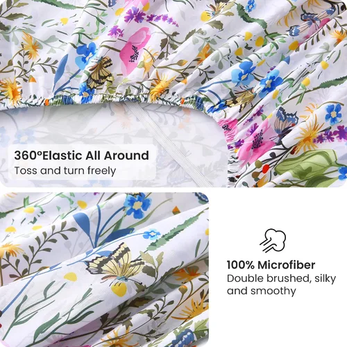 Vista 4 de Viviland Juego de sábanas tamaño individual – Sábanas de 3 piezas con estampado botánico floral y mariposa – Sábanas de microfibra suave y Mariposa