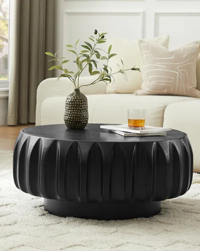 Vista 2 de Mesa de centro de tambor de 31.5 pulgadas, moderna mesa de té acanalada única, mesa de centro redonda de madera contemporánea con mesa central Negro