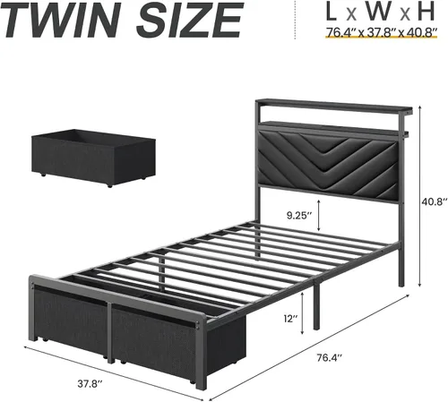Vista 2 de HISOFT Twin Bed Frame with Charging Station, LED Lights & 2 Storage Drawers, Black Platform Bed with Upholstered Headboard, Under-Bed Storage, No