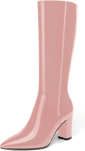 Vista 22 de AMBELIGHT Botas altas hasta la rodilla con cremallera y puntera puntiaguda para mujer, de patente sólida, tacón alto, 3.3 pulgadas