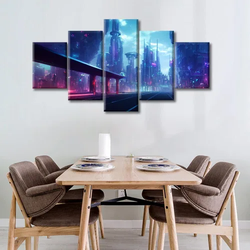 Vista 215 de Cuadros de 5 paneles de Cyberpunk City, arte de pared, representación de vallas publicitarias, edificios modernos en la capital con obras de arte