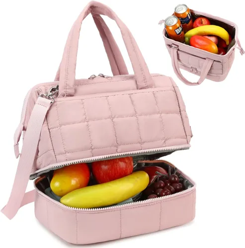 Vista 7 de Bluboon Lonchera para mujeres Bolsa de almuerzo aislada de doble cubierta, Lonchera acolchada de quilt con abertura ancha, loncheras reutilizables