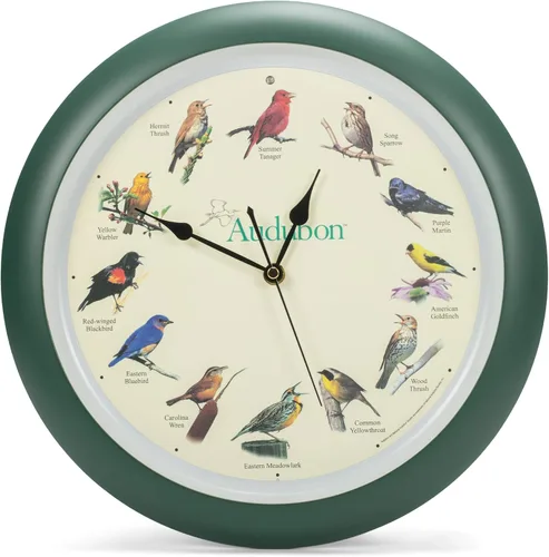 Vista 9 de Mark Feldstein, Audubon - Reloj de pared con diseño de pájaro cantante, 13 pulgadas, cereza prémium